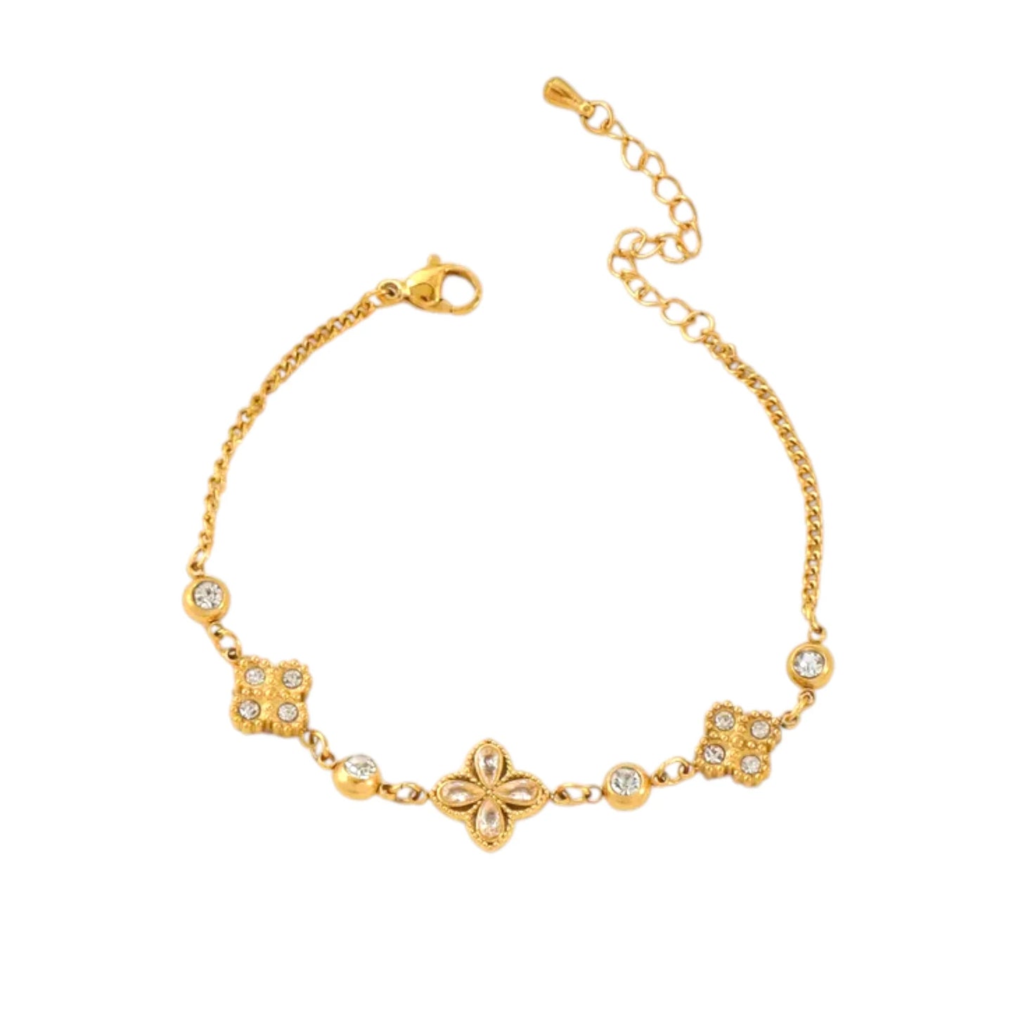 Ατσάλινο Βραχιόλι με Μοτίβο Τετράφυλλο & Ζιργκόν – Χρυσό (B1732)
