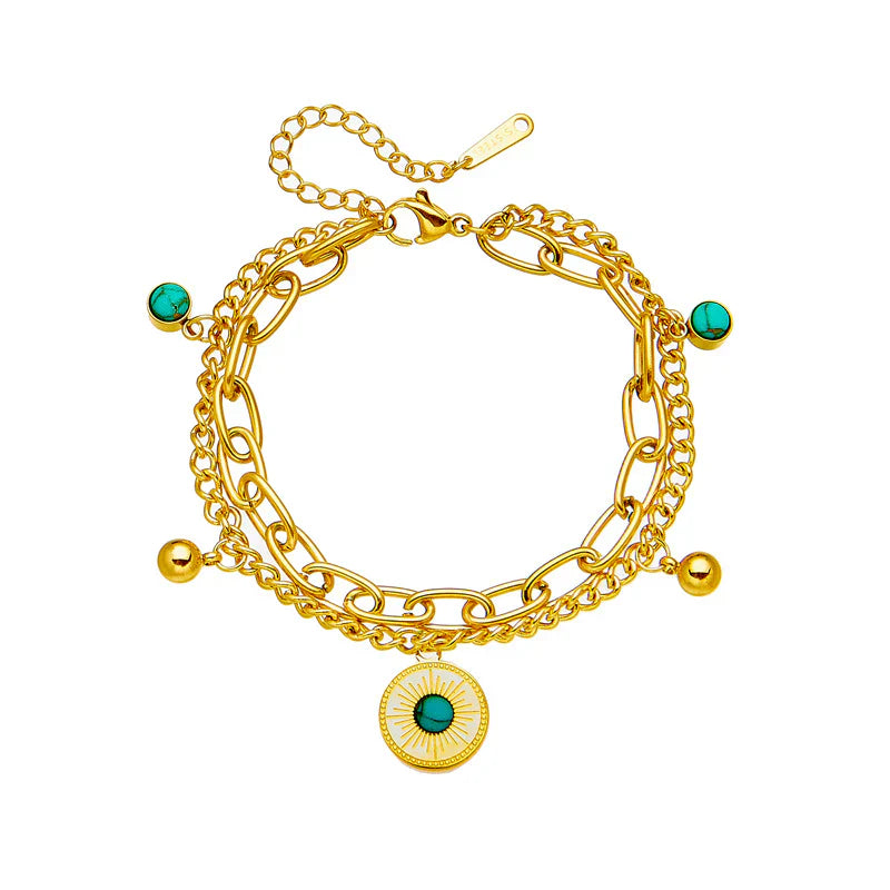 Ατσάλινο βραχιόλι διπλή αλυσίδα με τυρκουάζ (B1688)