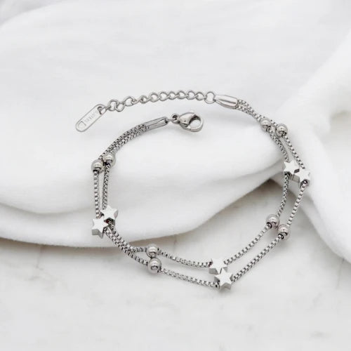 Ατσάλινη αλυσίδα χεριού διπλή με αστέρια χρώμα ασημί (B3091)