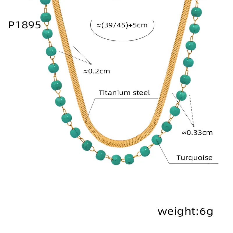 Ατσάλινο κολιέ διπλό με χάντρες τυρκουάζ επιχρυσωμένο (N1673)