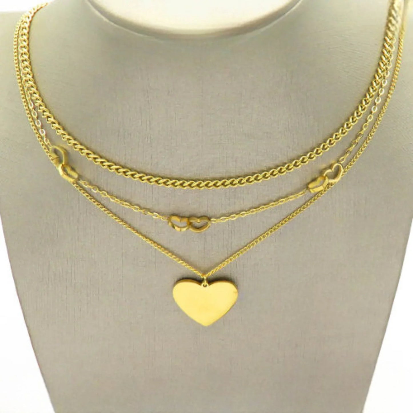 Ατσάλινο Τριπλό Κολιέ με Χρυσές Καρδιές – Layered Look (N3237)