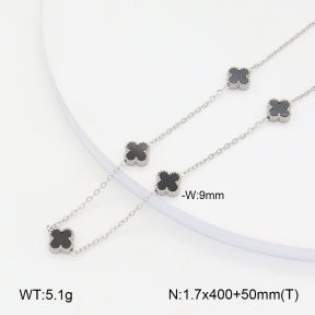 Κολιέ ατσάλι ασημί με μαύρα λουλούδια (N3370)