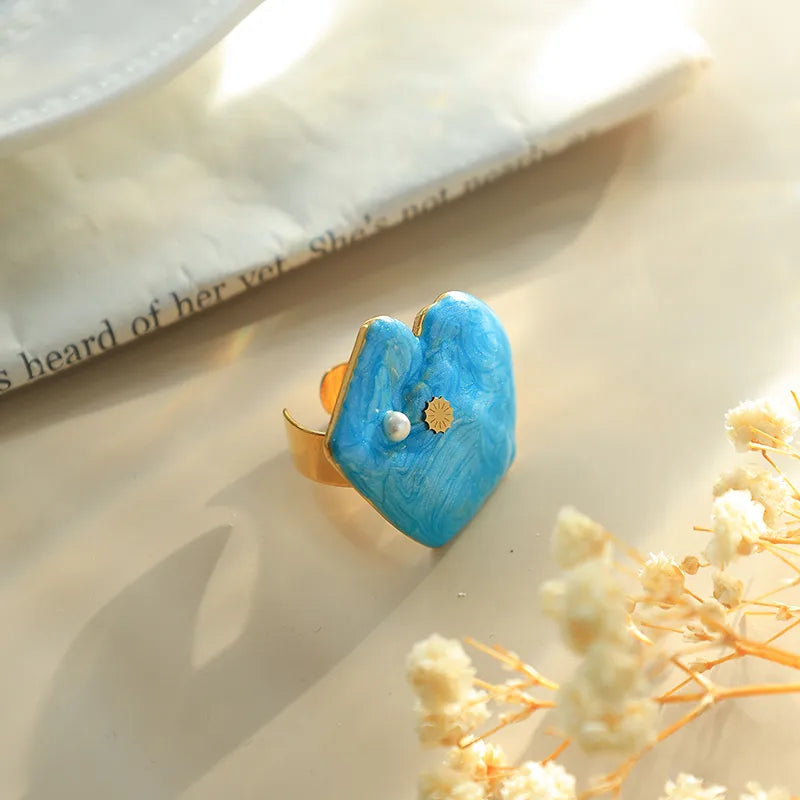 Ατσάλινο Δαχτυλίδι Καρδιά με Μπλε Σμάλτο και Λεπτομέρειες (R1449)