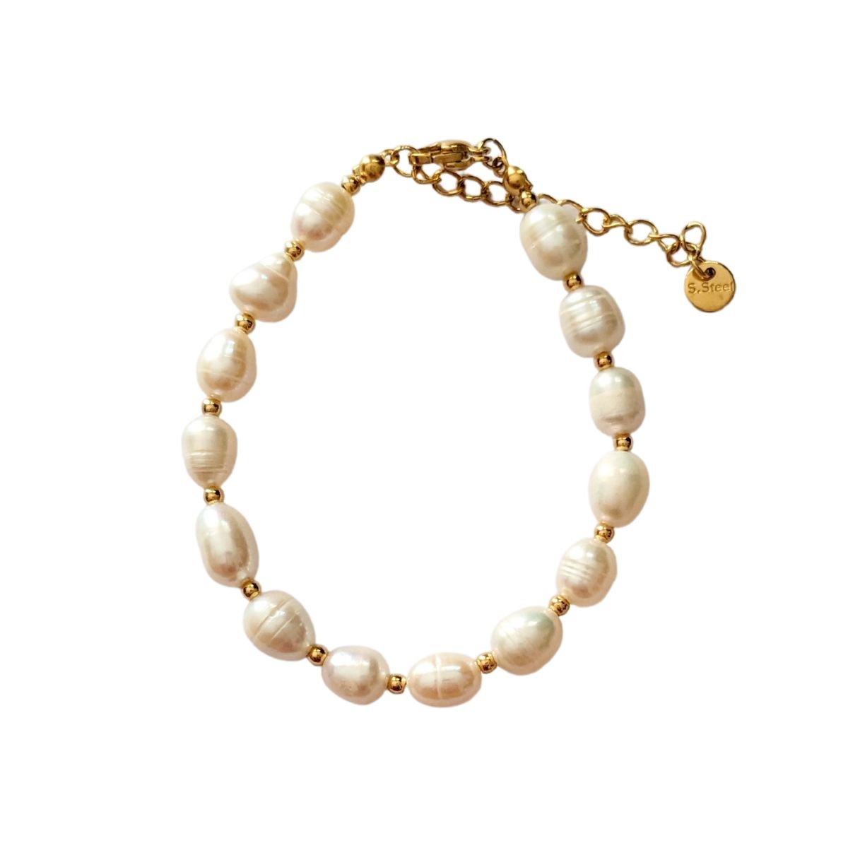 Βραχιόλι ατσάλινο με καλλιεργημένα μαργαριτάρια επιχρυσωμένο 18k (B1403)
