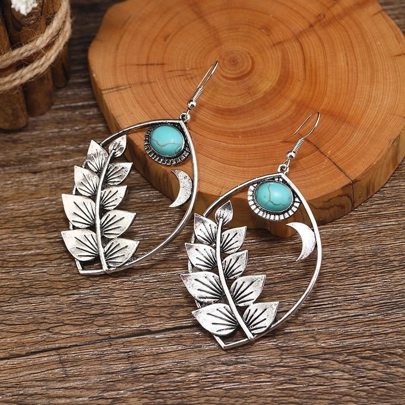 Σκουλαρίκια κρεμαστά boho με φύλλα και πέτρα τυρκουάζ (E1406)