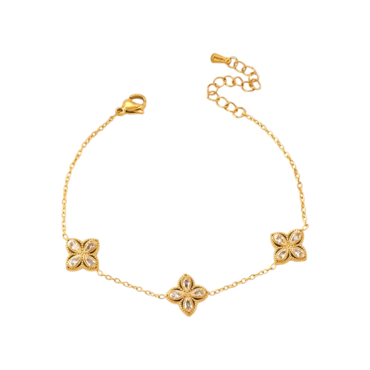 Ατσάλινο Βραχιόλι με Μοτίβα Λουλουδιών & Ζιργκόν – Χρυσό (B1731)