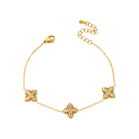 Ατσάλινο Βραχιόλι με Μοτίβα Λουλουδιών & Ζιργκόν – Χρυσό (B1731)