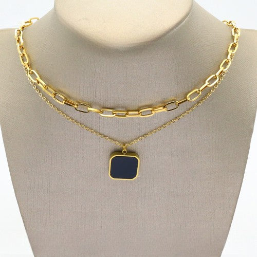 Ατσάλινο Διπλό Κολιέ με Μαύρο Μενταγιόν – Layered Statement (N3315)