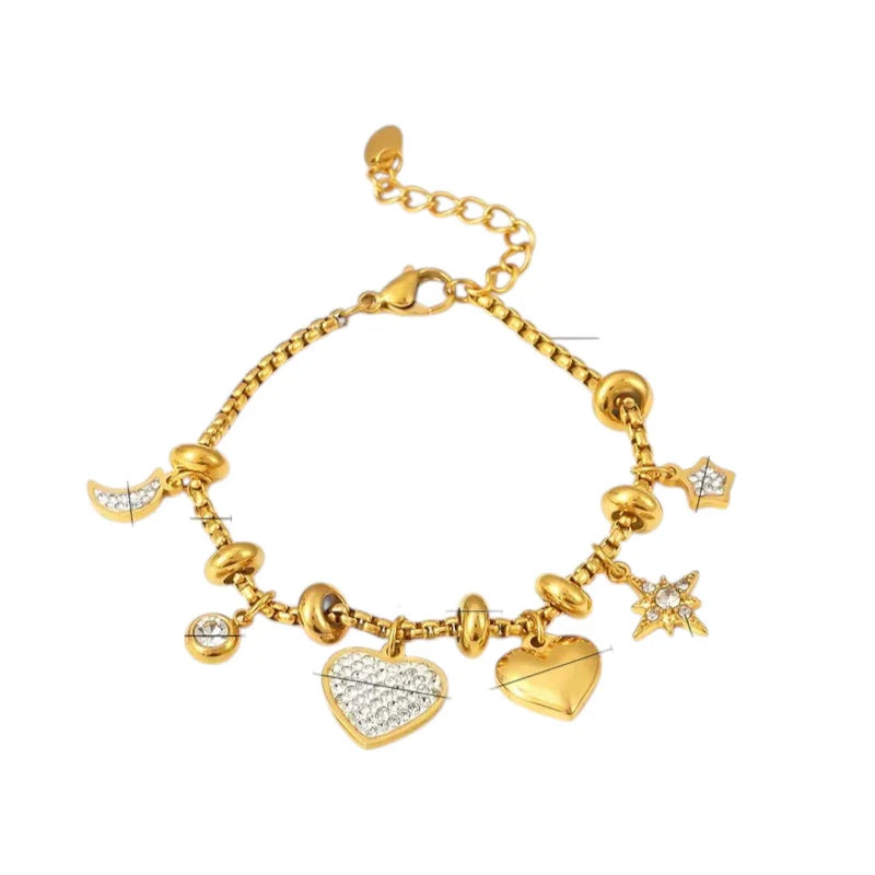 Ατσάλινο Χρυσό Βραχιόλι με Charms & Ζιργκόν – Glamorous Romance (B1701)