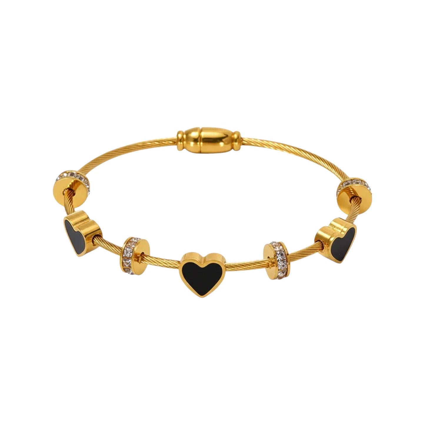 Ατσάλινο βραχιόλι με καρδιές και λαμπερές λεπτομέρειες σε χρυσό τόνο (B1715)