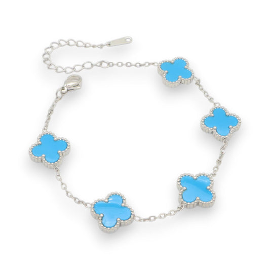 Ατσάλινο Ασημί Βραχιόλι με Γαλάζια Τετράφυλλα (B3511)