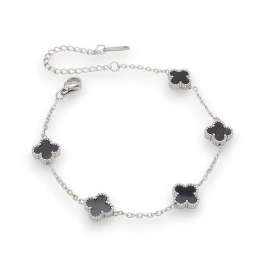 Ατσάλινο Ασημί Βραχιόλι με Μικρά Μαύρα Τετράφυλλα (B3512)
