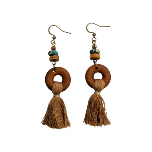 Boho κρεμαστά ξύλινα σκουλαρίκια 8cm με φούντα (E1564)