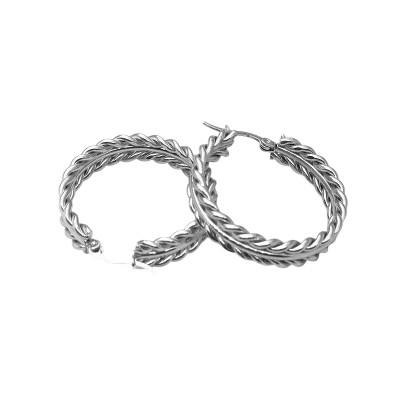 Ατσάλινα Σκουλαρίκια Κρίκοι 3.4cm – Πλεξούδα Ασημί (E1600)