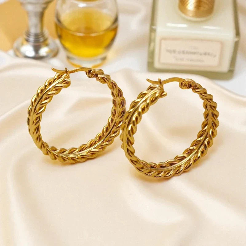 Ατσάλινα Σκουλαρίκια Κρίκοι 3.4cm – Πλεξούδα Χρυσό (E1601)