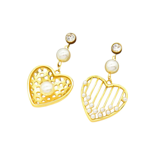 Ατσάλινα σκουλαρίκια καρδιά με πέρλα μάκρος 4.5cm επιχρυσωμένα (E3213)