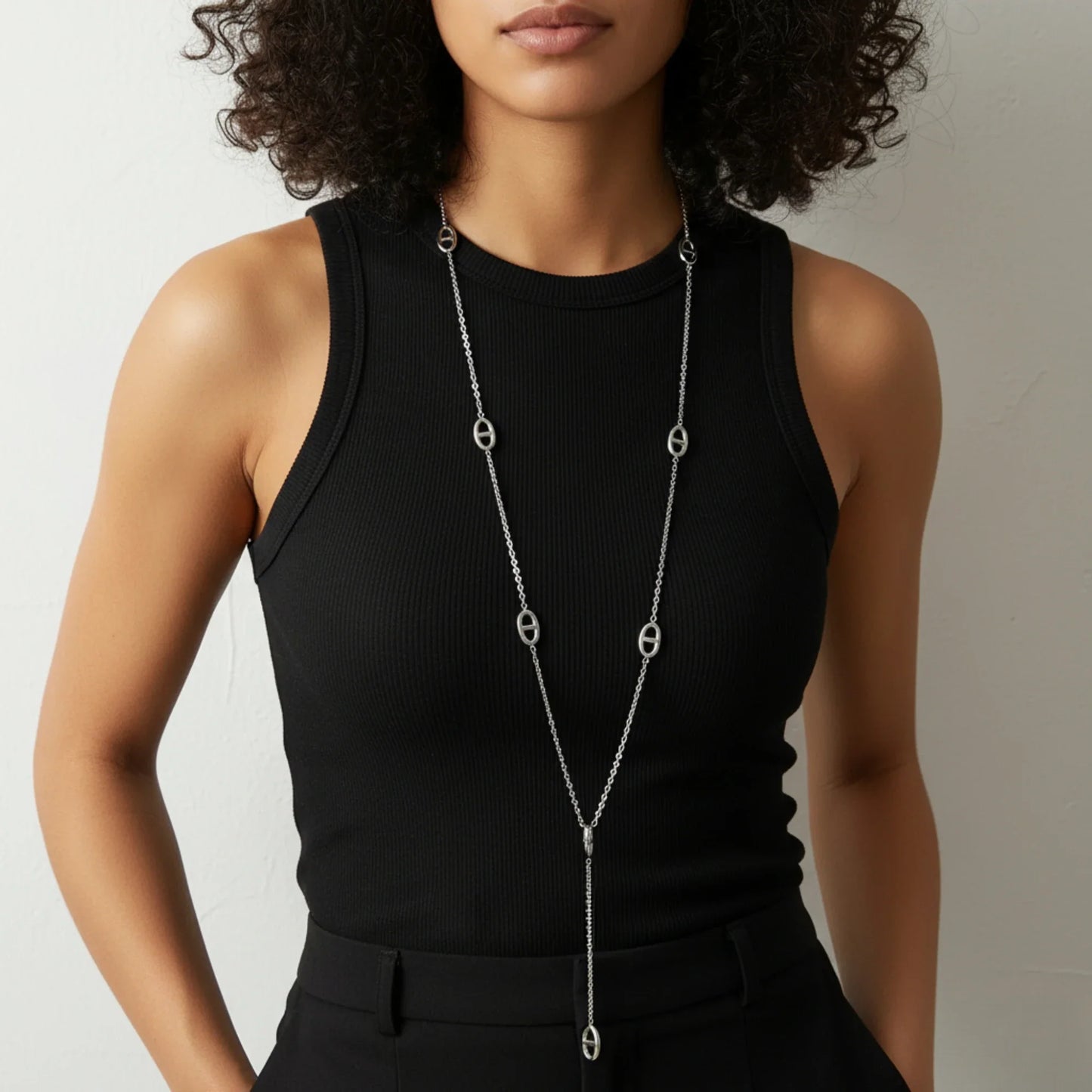 Μακρύ Κολιέ από Ατσάλι με Διακοσμητικούς Κρίκους – Ασημί (N1816)