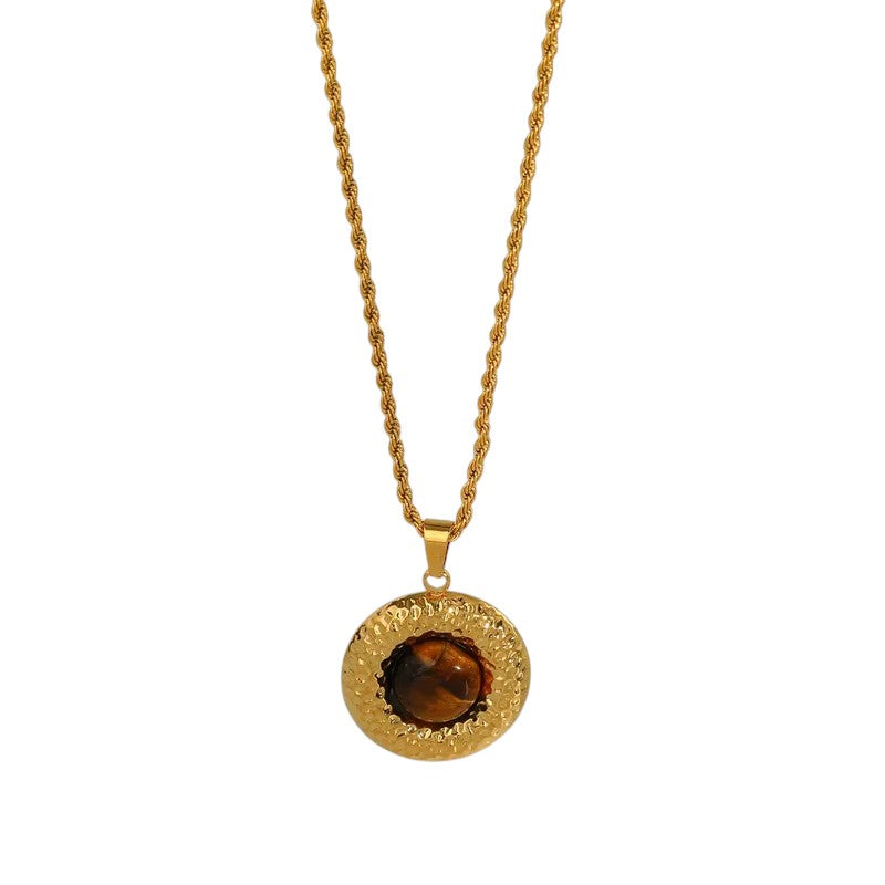 Κολιέ με Στρογγυλό Μενταγιόν & Φυσική Πέτρα Tiger Eye – Ατσάλι (N1843)