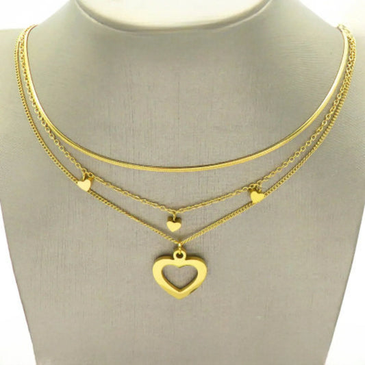 Ατσάλινο Τριπλό Κολιέ με Καρδιές – Χρυσό (N3238)