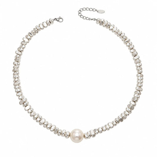 Ασημί Ατσάλινο Κολιέ 316L Choker με Πέρλα (N5007)