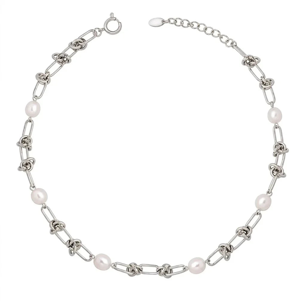 Ασημί Ατσάλινο Κολιέ Choker 316L με Πέρλες (N5049)