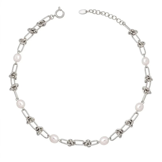 Ασημί Ατσάλινο Κολιέ Choker 316L με Πέρλες (N5049)