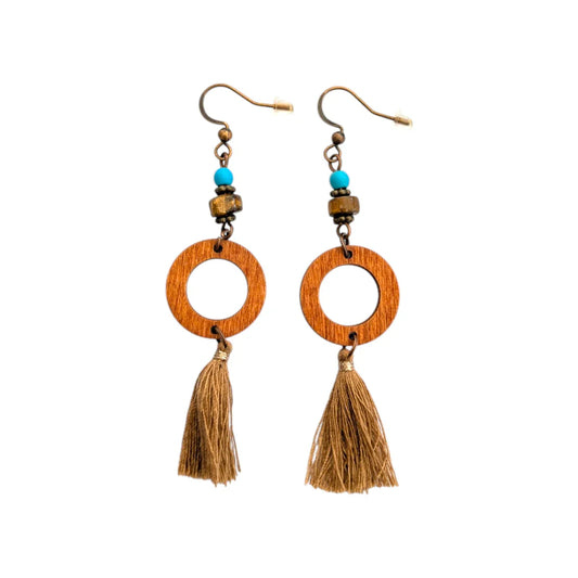 Boho κρεμαστά ξύλινα σκουλαρίκια 8cm με φούντα (E1570)