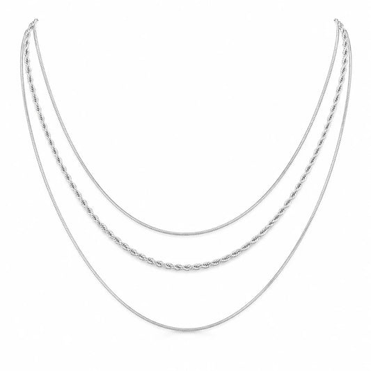 Ασημί Ατσάλινο Κολιέ Τριπλή Αλυσίδα Layering (N3483)